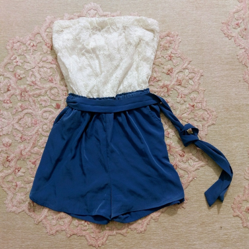 White lace and blue romper